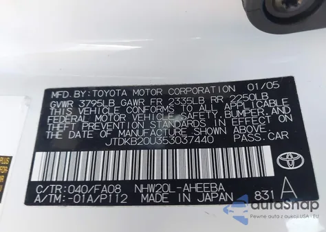 2005 Toyota Prius from USA, damaged, VIN JTDKB20U353037440